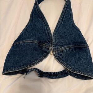cult gaia dark indigo denim halter crop top